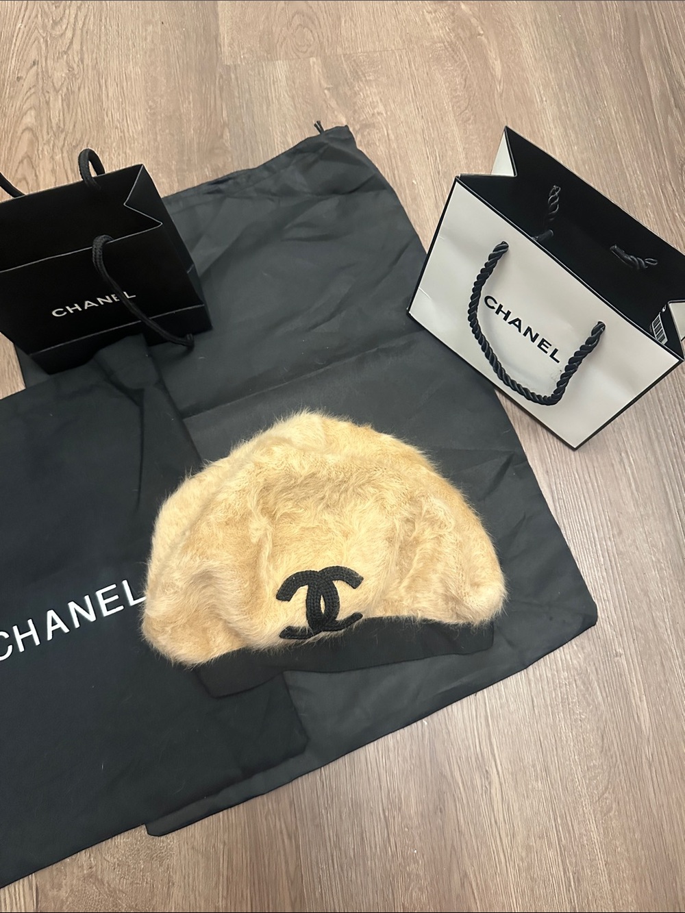 CCTan Fuzzy Beret with Black CC Emblem